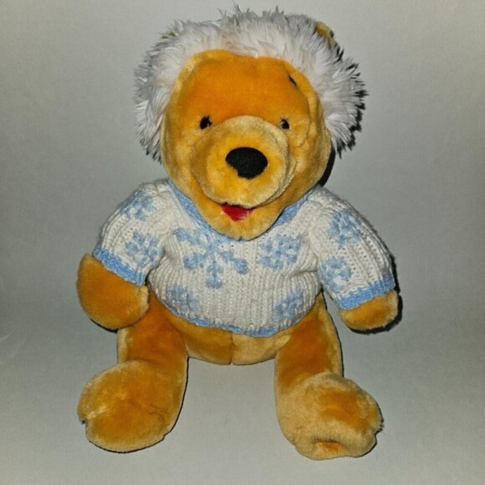 Disney Store Winnie the Pooh Plush Blue White Snowflake Sweater Winter Holiday